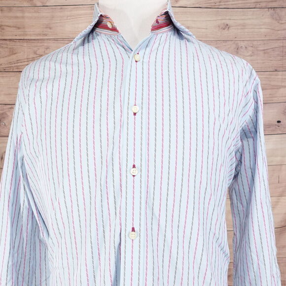 THOMAS DEAN LONG SLEEVE BLUE STRIPED BUTTON DOWN SHIRT MEN SIZE L LARGE - Picture 1 of 7